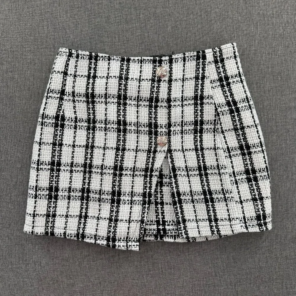 NEW! Frenchy Plaid Skort‎ Tweed Mini Skirt Black & White Zipper Size 2 Polyester